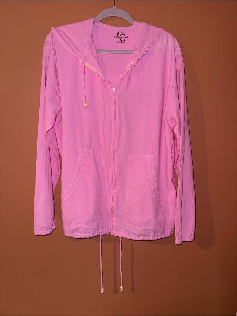 Lightweight Pink Cotton Hooded Jacket with Front Pockets